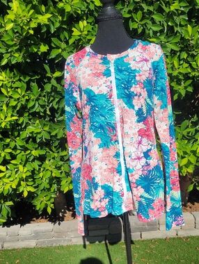 Beach House Full Zip Rash Guard Teal and Coral Floral Swim Cover-Up Jacket XL